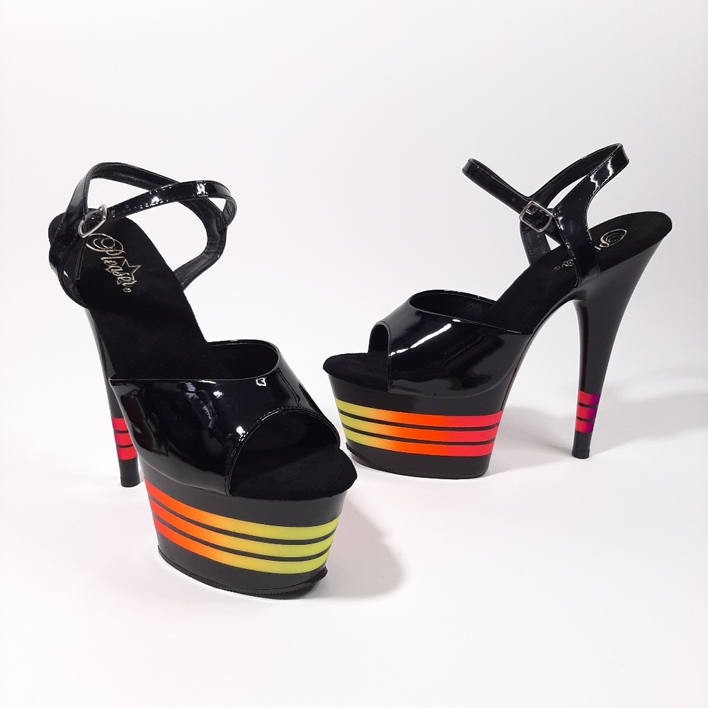 Pleaser Adore 709UVLN Black Patent and Neon Platform Heels Size 11